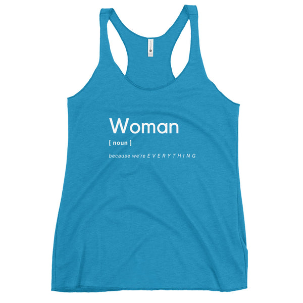 Woman (Noun) Racerback Tank (White Letters)